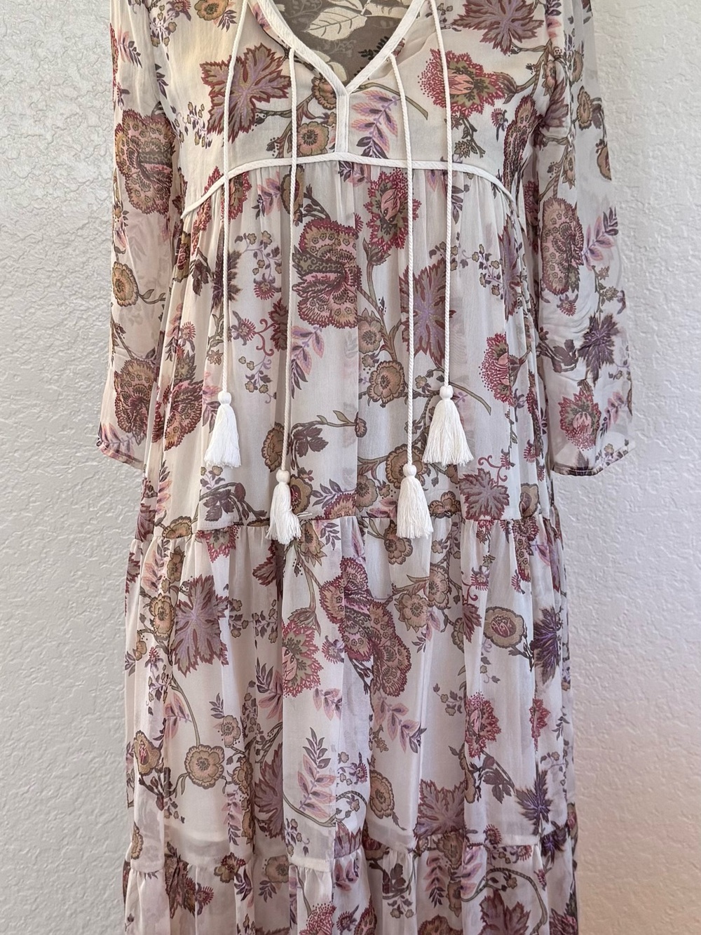 Cristy Dawn Paloma Bohemian Floral Paisley Tassel Midi Dress in Cream and Pink